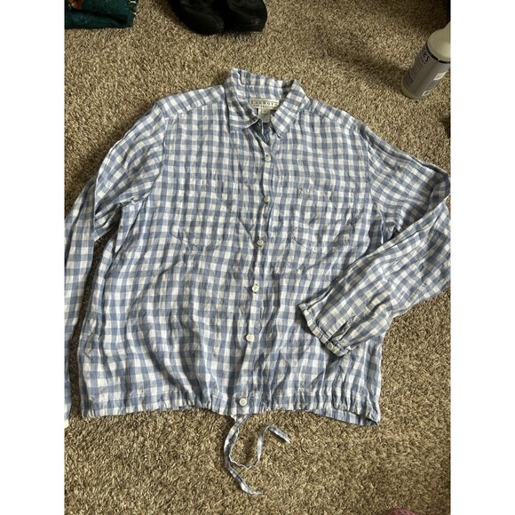 Talbots Top Women L Drawstring Blue Linen Gingham Plaid Long Sleeve Capsule VTG - Picture 6 of 12